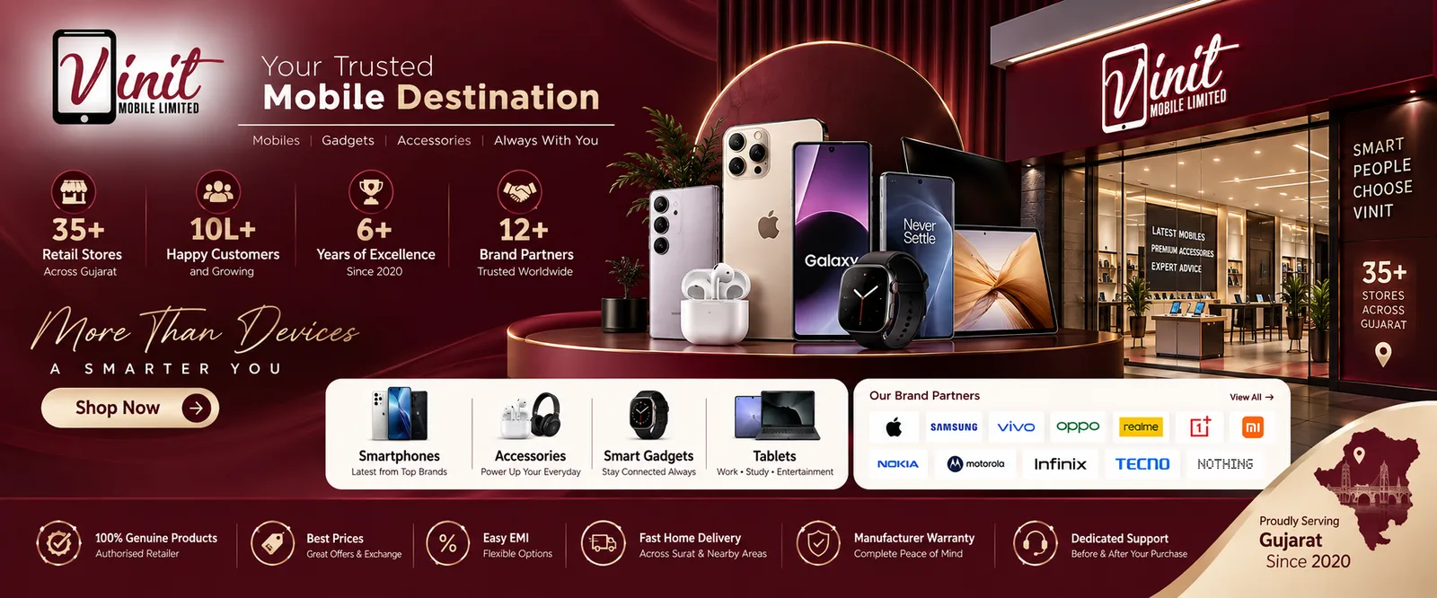 Vinit Mobile Limited — your trusted mobile destination. Smartphones, gadgets, accessories, 35+ stores across Gujarat.